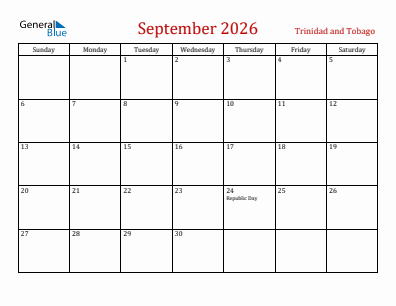 Current month calendar with Trinidad and Tobago holidays for September 2026