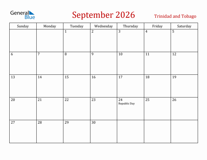 Trinidad and Tobago September 2026 Calendar - Sunday Start