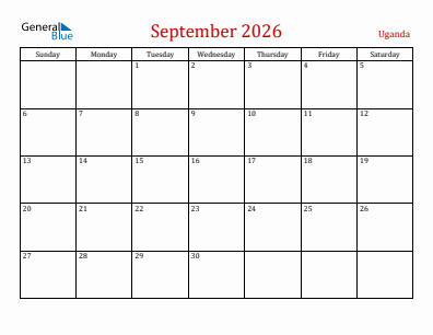 Current month calendar with Uganda holidays for September 2026
