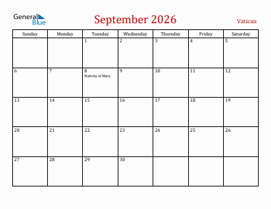 Current month calendar with Vatican holidays for September 2026