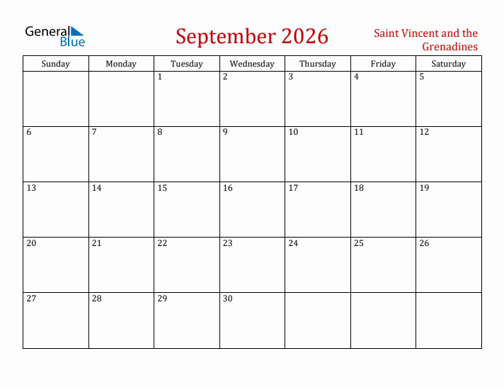 Saint Vincent and the Grenadines September 2026 Calendar - Sunday Start