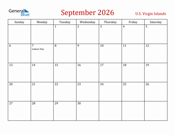 U.S. Virgin Islands September 2026 Calendar - Sunday Start