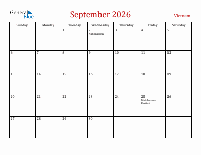 Current month calendar with Vietnam holidays for September 2026