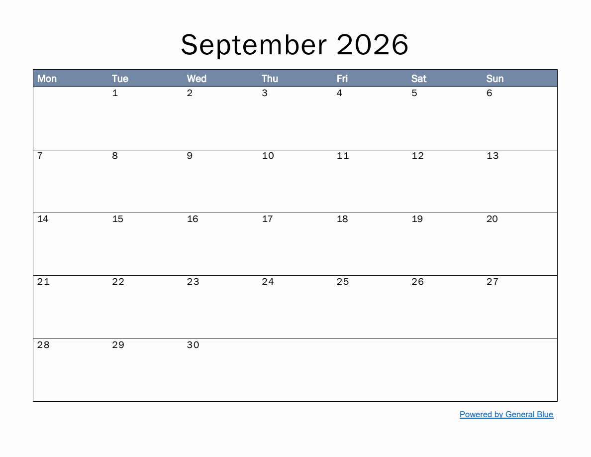 Monthly Calendar Template for September 2026