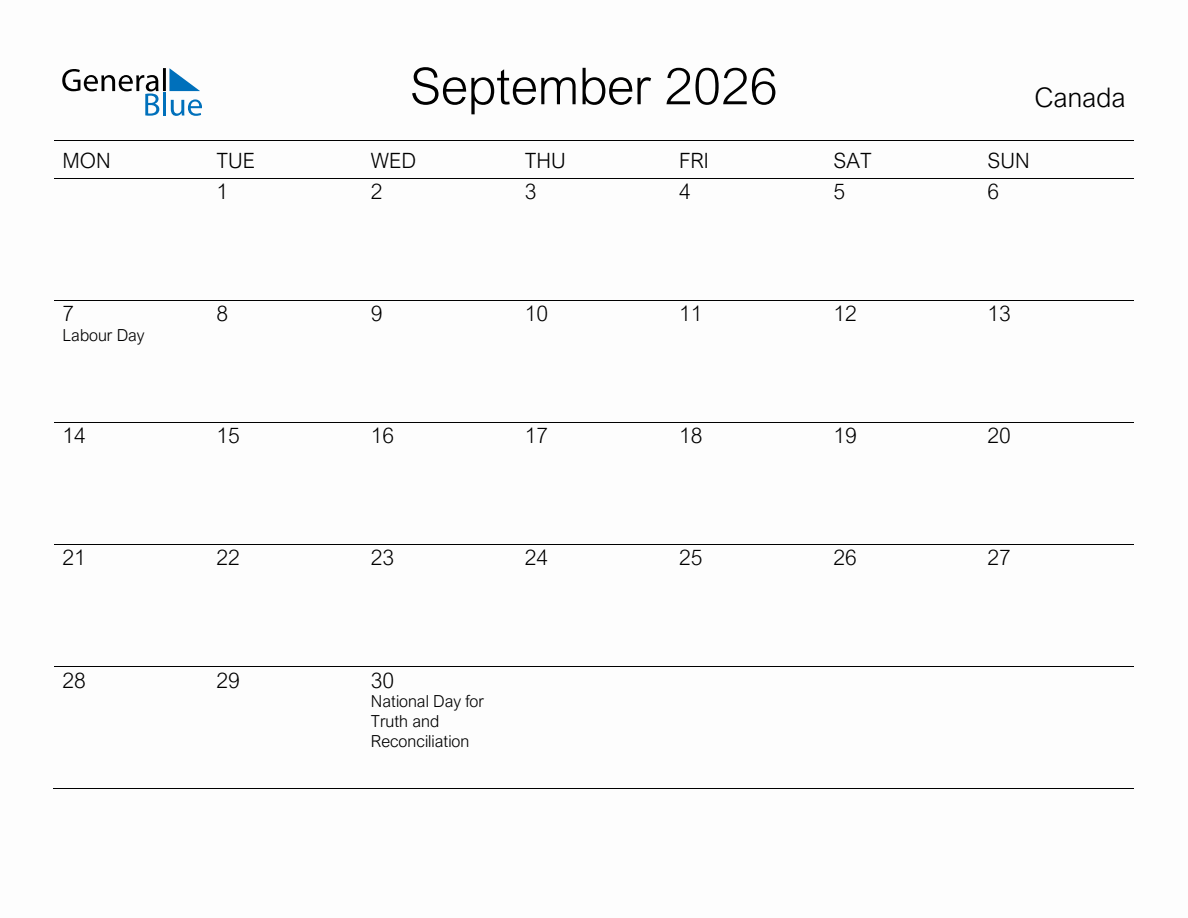 Printable September 2026 Monthly Calendar with Holidays for Canada