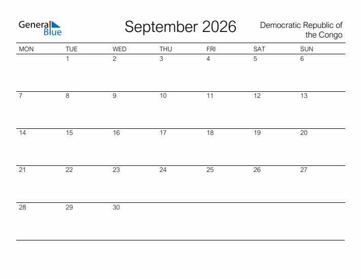 Printable September 2026 Calendar for Democratic Republic of the Congo