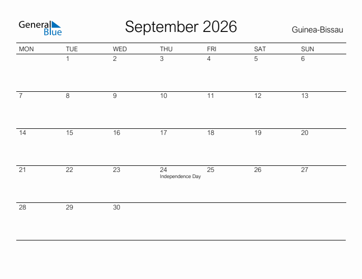 Printable September 2026 Calendar for Guinea-Bissau