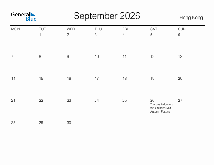 Printable September 2026 Calendar for Hong Kong