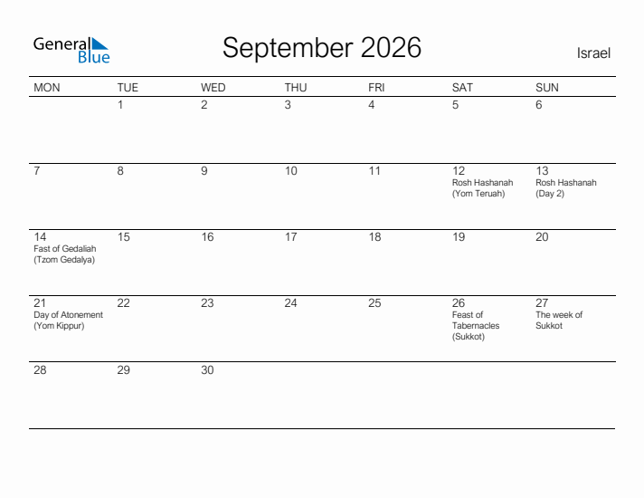 Printable September 2026 Calendar for Israel