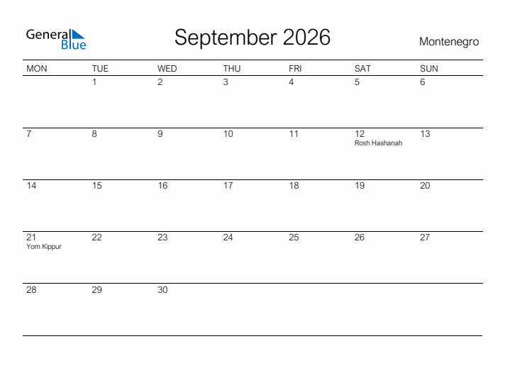 Printable September 2026 Calendar for Montenegro