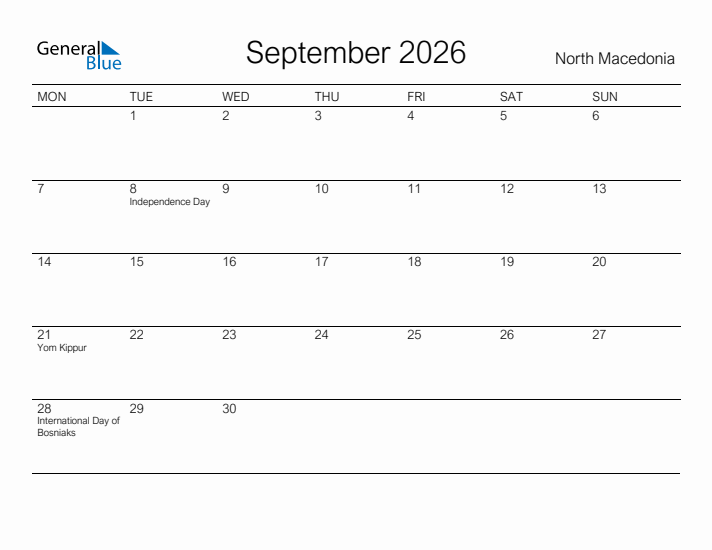 Printable September 2026 Calendar for North Macedonia