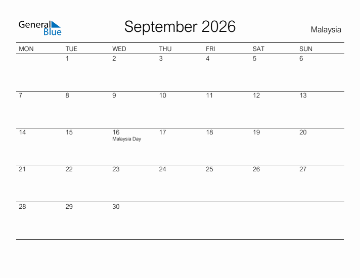 Printable September 2026 Calendar for Malaysia