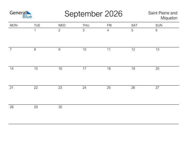 Printable September 2026 Calendar for Saint Pierre and Miquelon