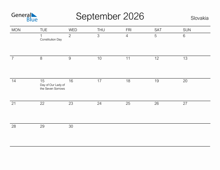 Printable September 2026 Calendar for Slovakia