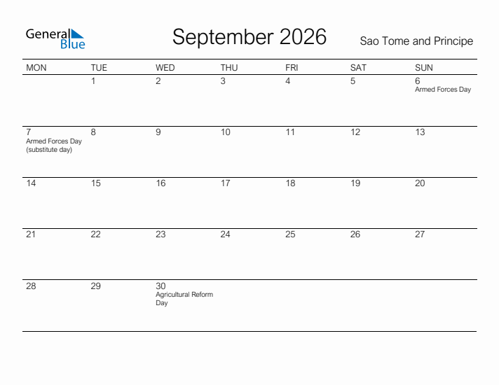 Printable September 2026 Calendar for Sao Tome and Principe