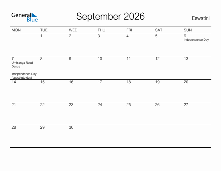 Printable September 2026 Calendar for Eswatini