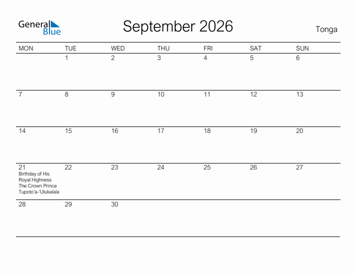 Printable September 2026 Calendar for Tonga