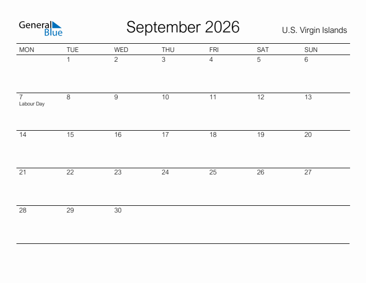 Printable September 2026 Calendar for U.S. Virgin Islands