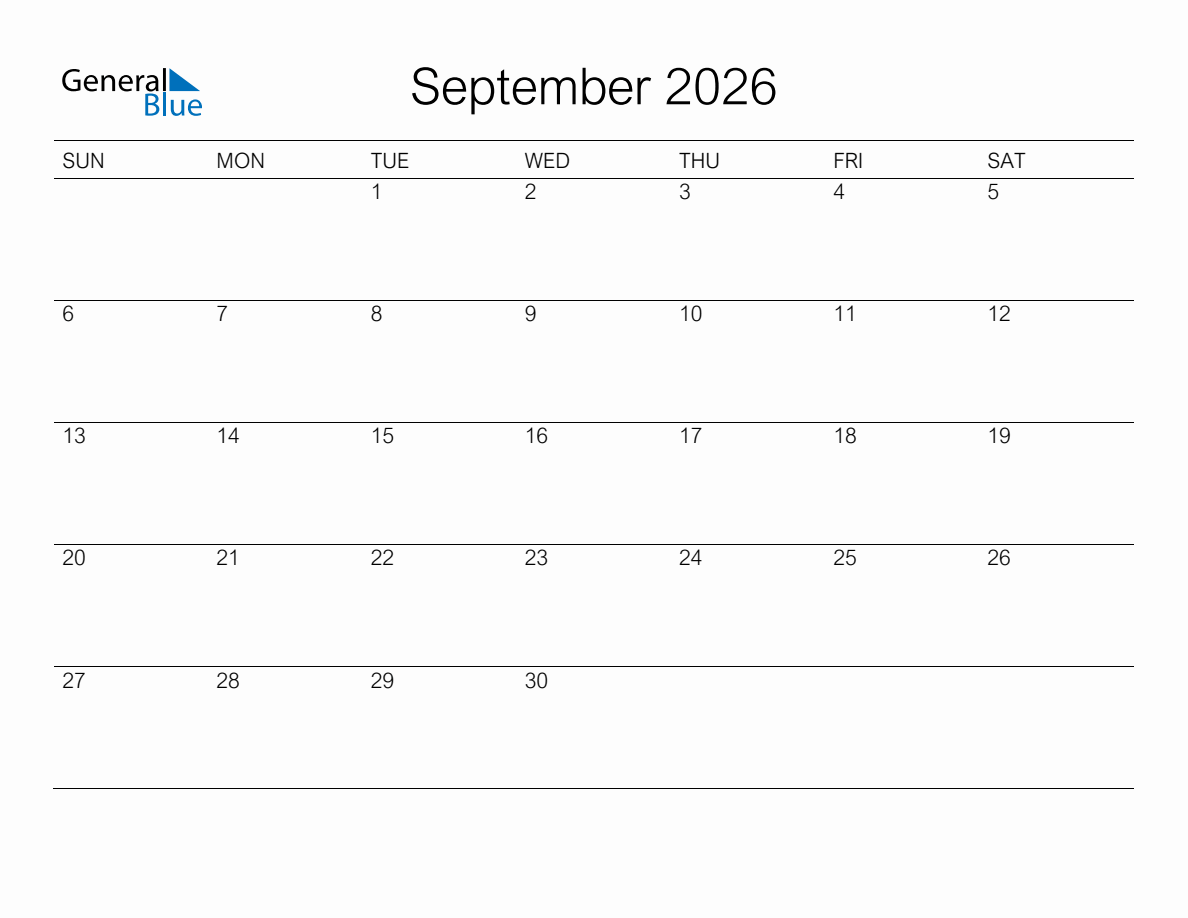 Printable September 2026 Monthly Calendar