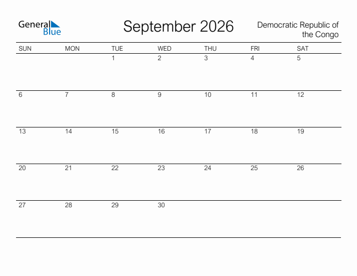 Printable September 2026 Calendar for Democratic Republic of the Congo