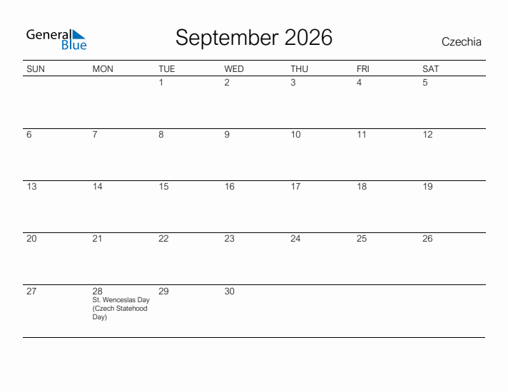 Printable September 2026 Calendar for Czechia