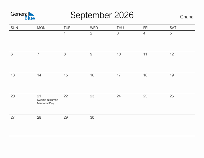 Printable September 2026 Calendar for Ghana