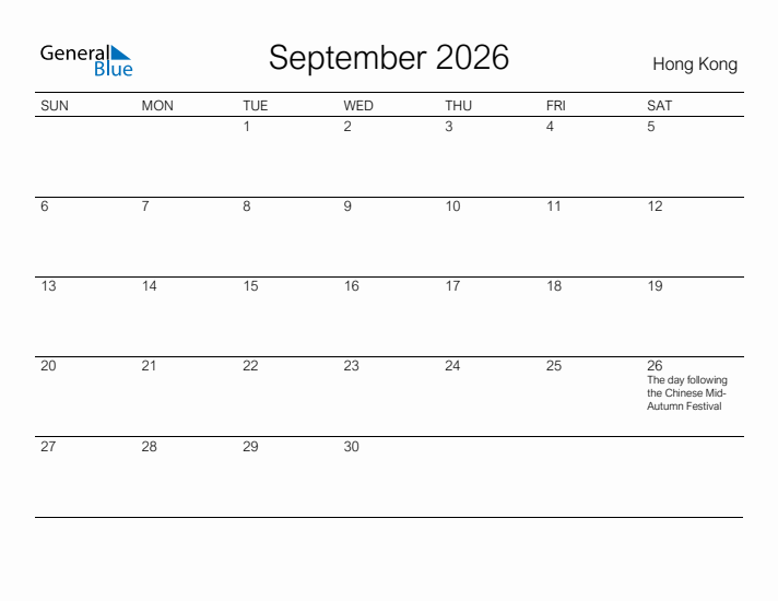 Printable September 2026 Calendar for Hong Kong