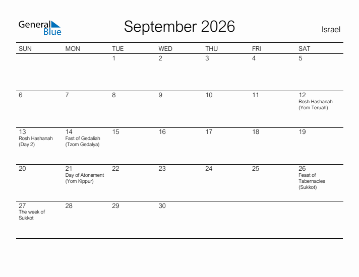 Printable September 2026 Calendar for Israel