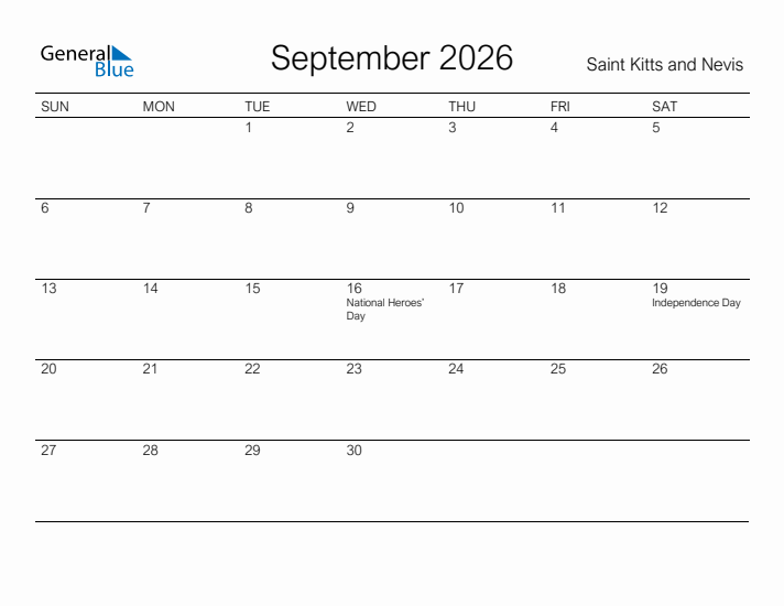 Printable September 2026 Calendar for Saint Kitts and Nevis