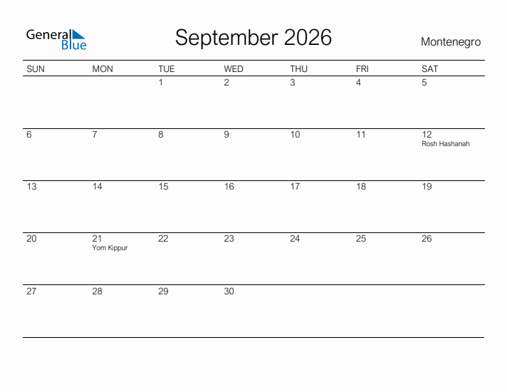Printable September 2026 Calendar for Montenegro