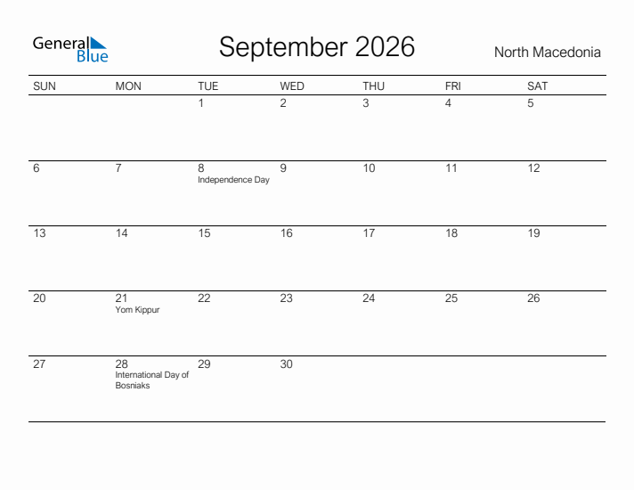 Printable September 2026 Calendar for North Macedonia