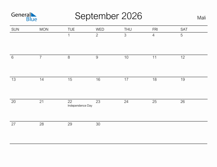 Printable September 2026 Calendar for Mali