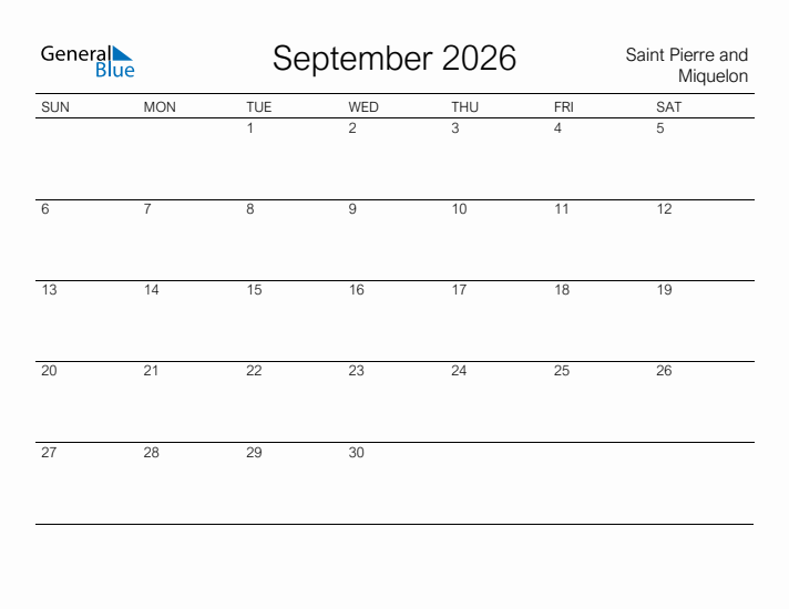 Printable September 2026 Calendar for Saint Pierre and Miquelon