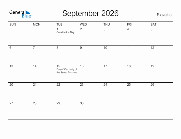 Printable September 2026 Calendar for Slovakia