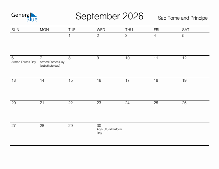 Printable September 2026 Calendar for Sao Tome and Principe