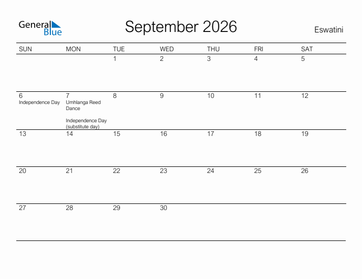 Printable September 2026 Calendar for Eswatini