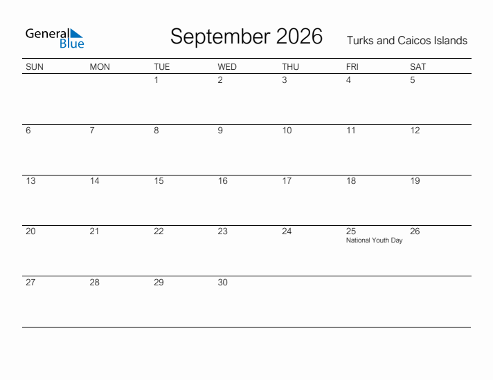 Printable September 2026 Calendar for Turks and Caicos Islands