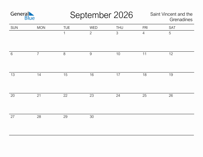 Printable September 2026 Calendar for Saint Vincent and the Grenadines