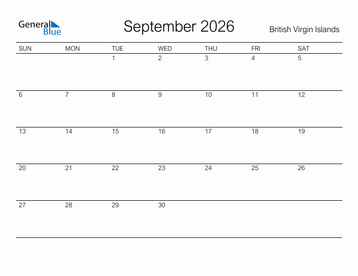 Printable September 2026 Calendar for British Virgin Islands