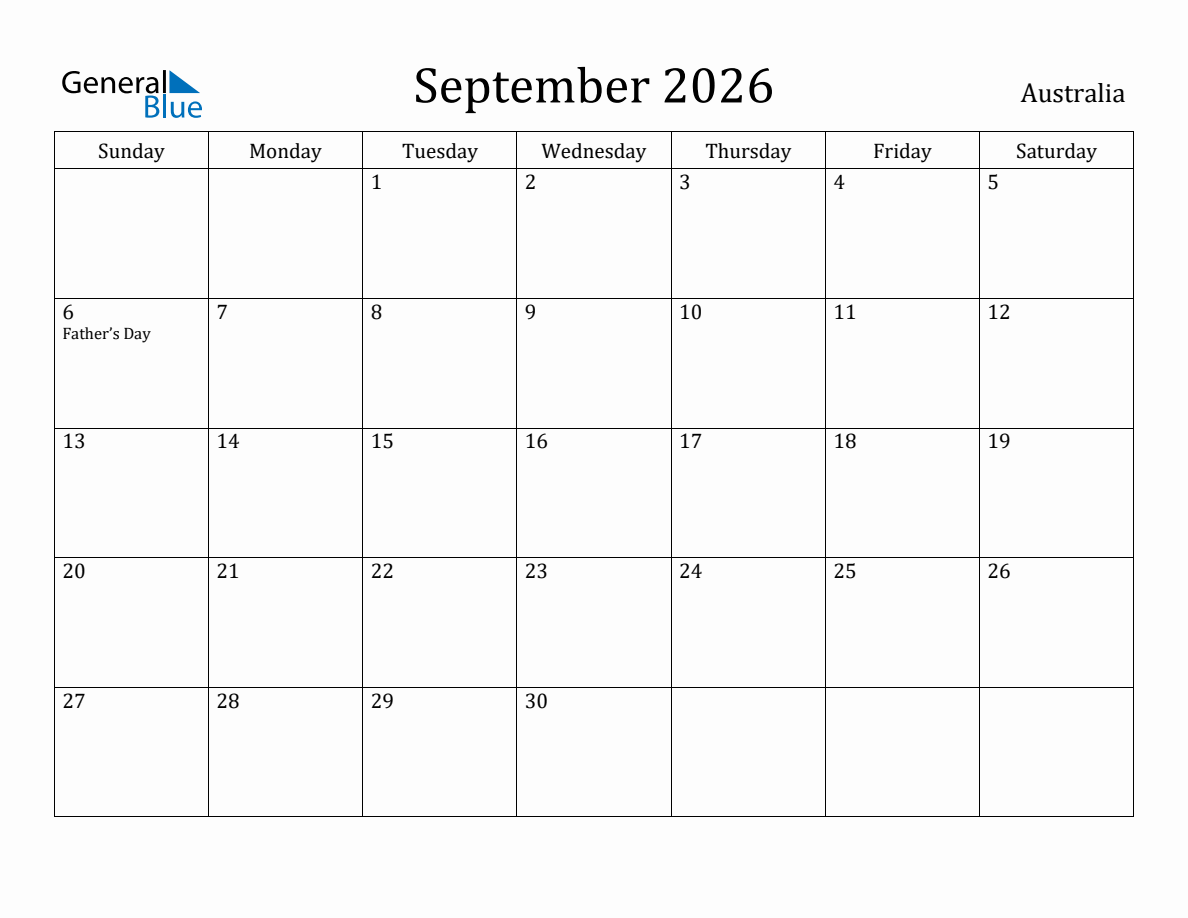 September 2026 monthly calendar with holidays in Australia