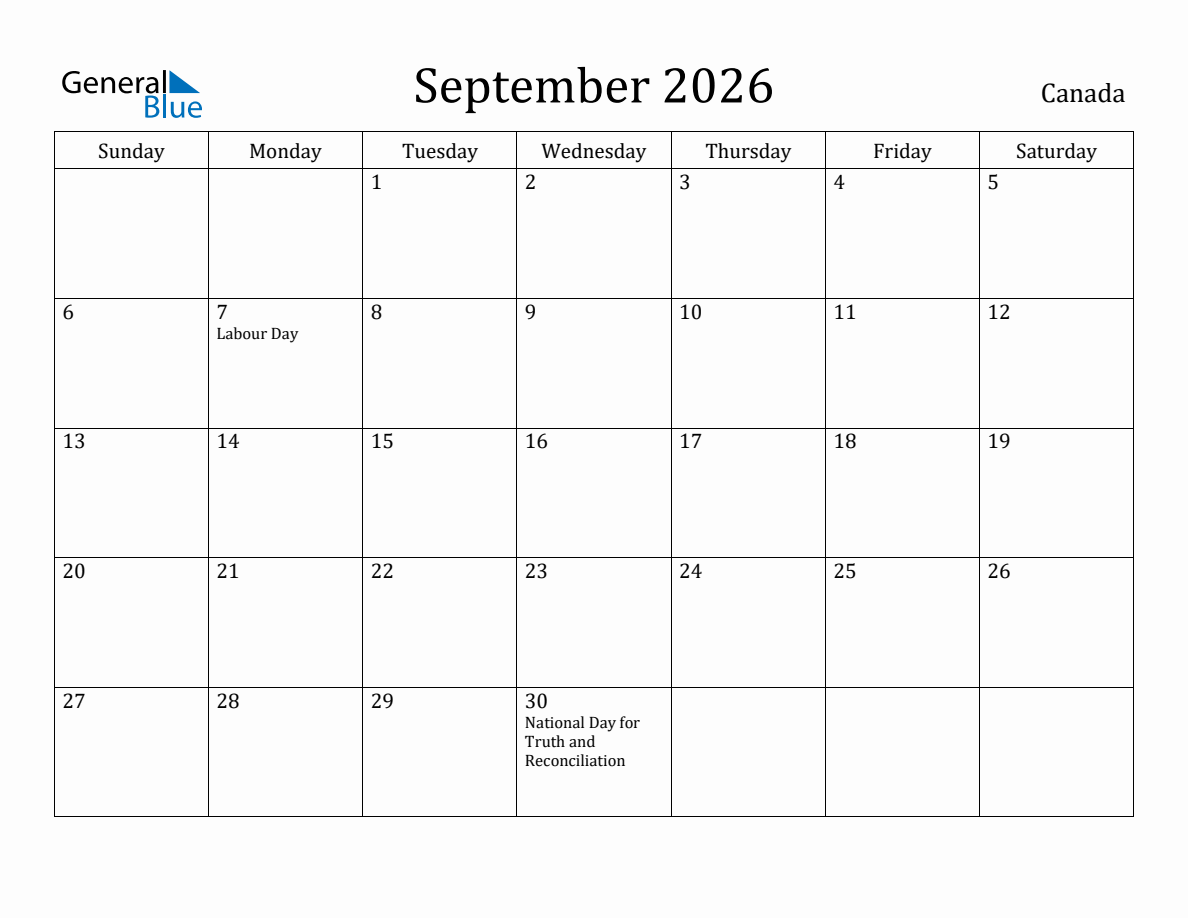 September 2026 monthly calendar with holidays in Canada