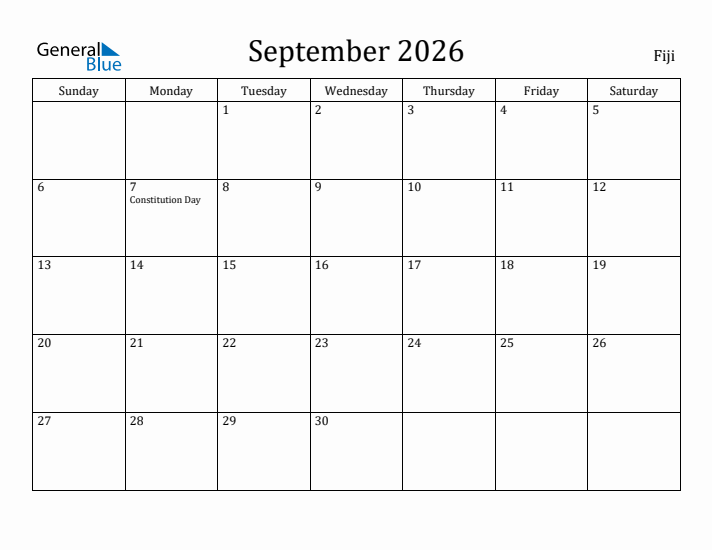 September 2026 Calendar Fiji