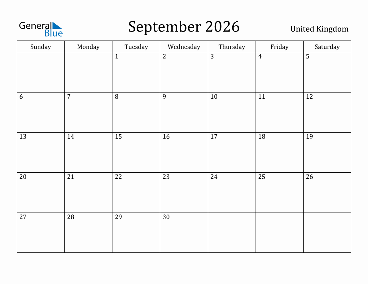 September 2026 monthly calendar with holidays in United Kingdom