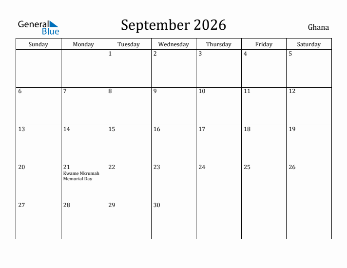 September 2026 Calendar Ghana