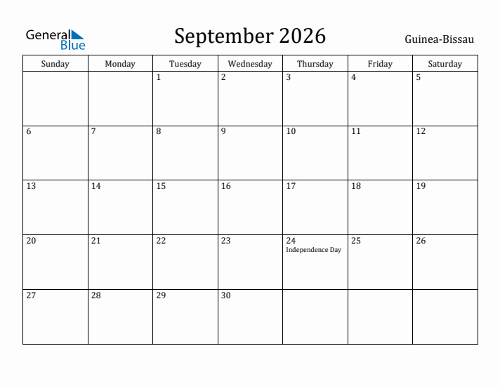 September 2026 Calendar Guinea-Bissau