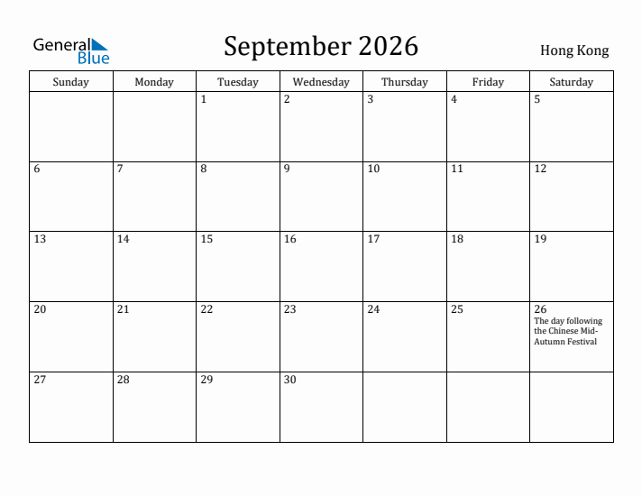 September 2026 Calendar Hong Kong