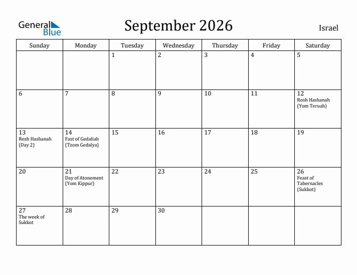 September 2026 Calendar Israel
