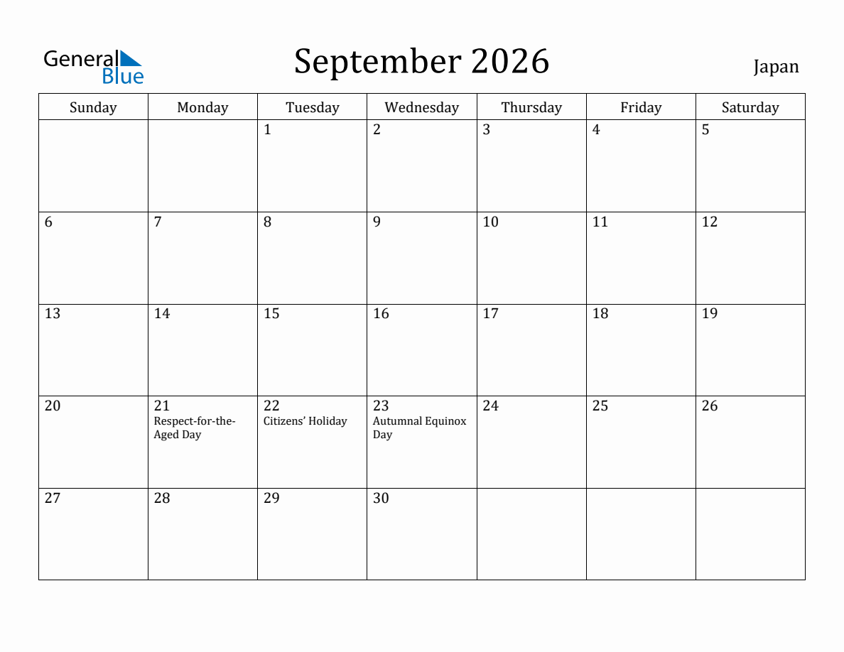 September 2026 monthly calendar with holidays in Japan