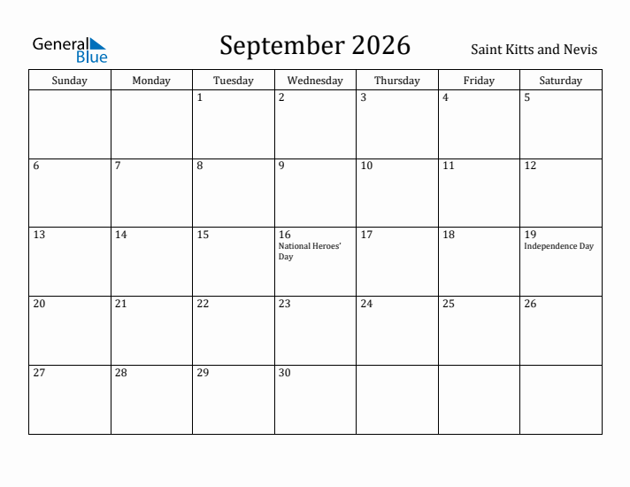 September 2026 Calendar Saint Kitts and Nevis