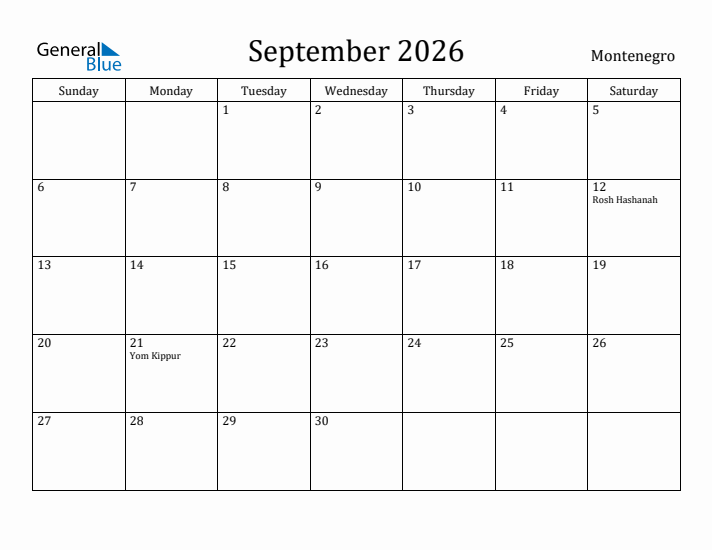 September 2026 Calendar Montenegro